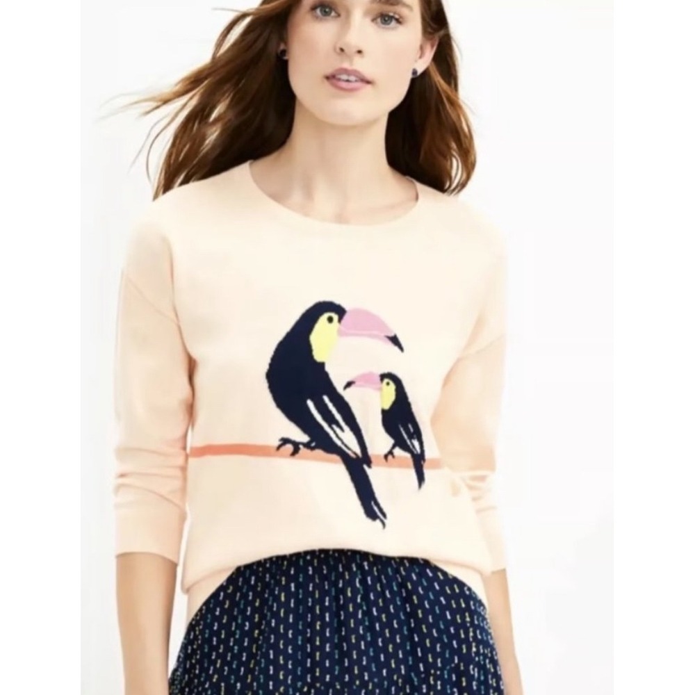 LOFT Peach Toucan Graphic Cotton Knit Sweater 3/4 Sleeve Small
